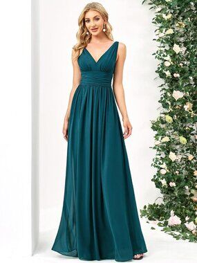 Ever-Pretty Women's Teal Sleeveless V-Neck Chiffon Maxi Evening Dress Size M